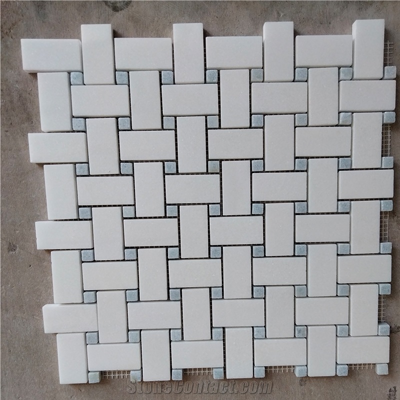 Thassos And Blue Celeste Basket Weave Mosaic Wall Tiles