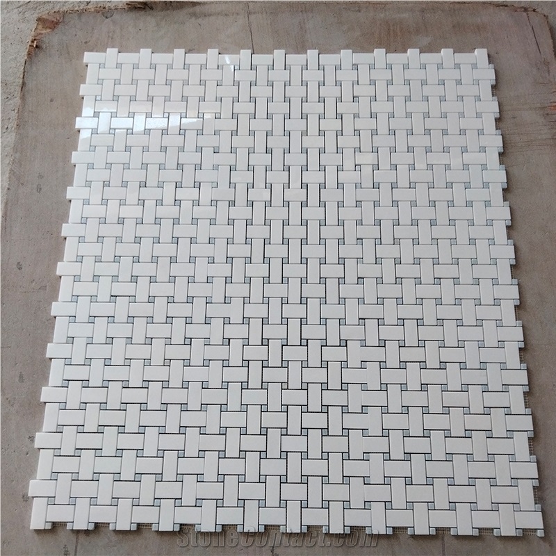 Thassos And Blue Celeste Basket Weave Mosaic Wall Tiles