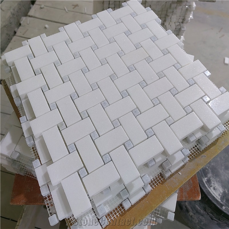 Thassos And Blue Celeste Basket Weave Mosaic Wall Tiles
