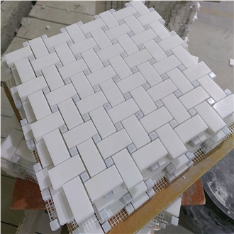Thassos And Blue Celeste Basket Weave Mosaic Wall Tiles