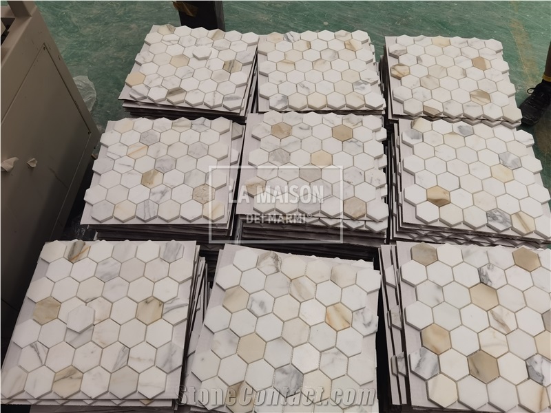 Calacatta Gold Marble Polished Hexagon Mosaic Pattern