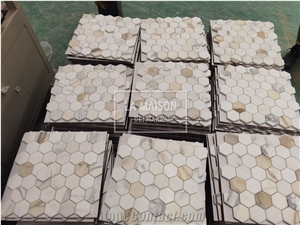 Calacatta Gold Marble Polished Hexagon Mosaic Pattern
