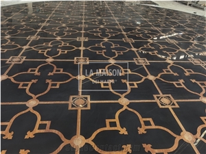 St Laurent Marble Inlay Bamboo Wood Medallions Floor Tile