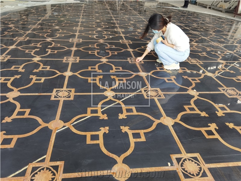 St Laurent Marble Inlay Bamboo Wood Medallions Floor Tile