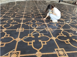 St Laurent Marble Inlay Bamboo Wood Medallions Floor Tile