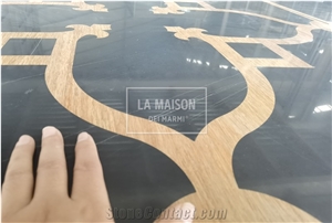 St Laurent Marble Inlay Bamboo Wood Medallions Floor Tile