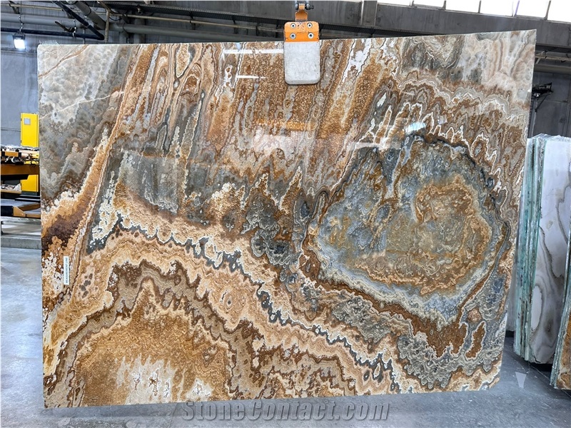 Turkish Brown Wooden Onyx Slab & Tiles