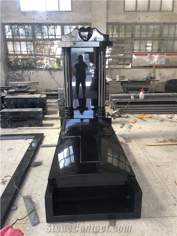 Black Granite Tombstone With Cross And Heart Decoration