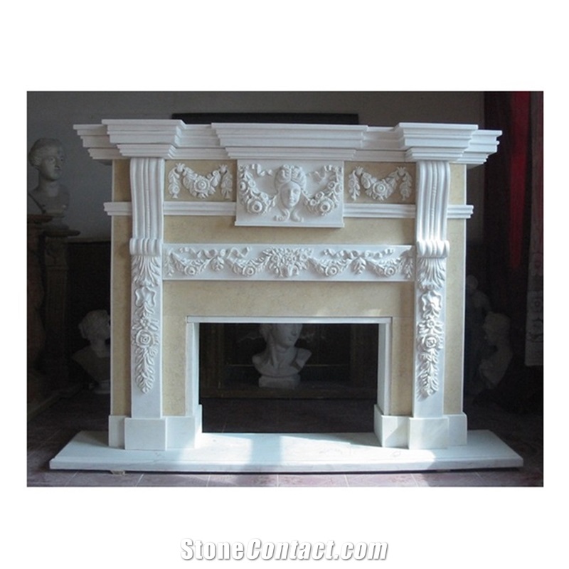 Hand Carved Decorative Natural White Marble Fireplace
