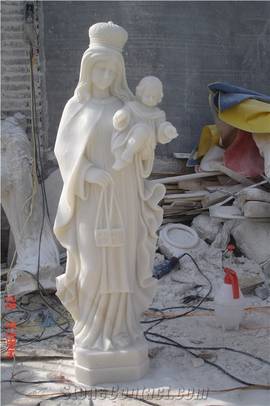 Life Size White Marble Catholic Madonna And Child Statue