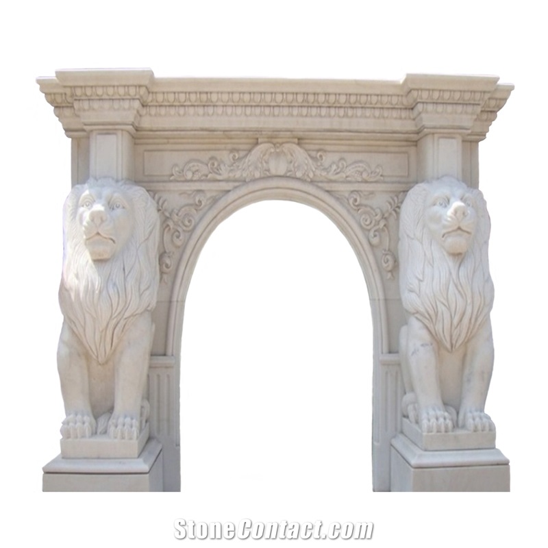 New Design Natural White Marble Lion Carved Fireplace