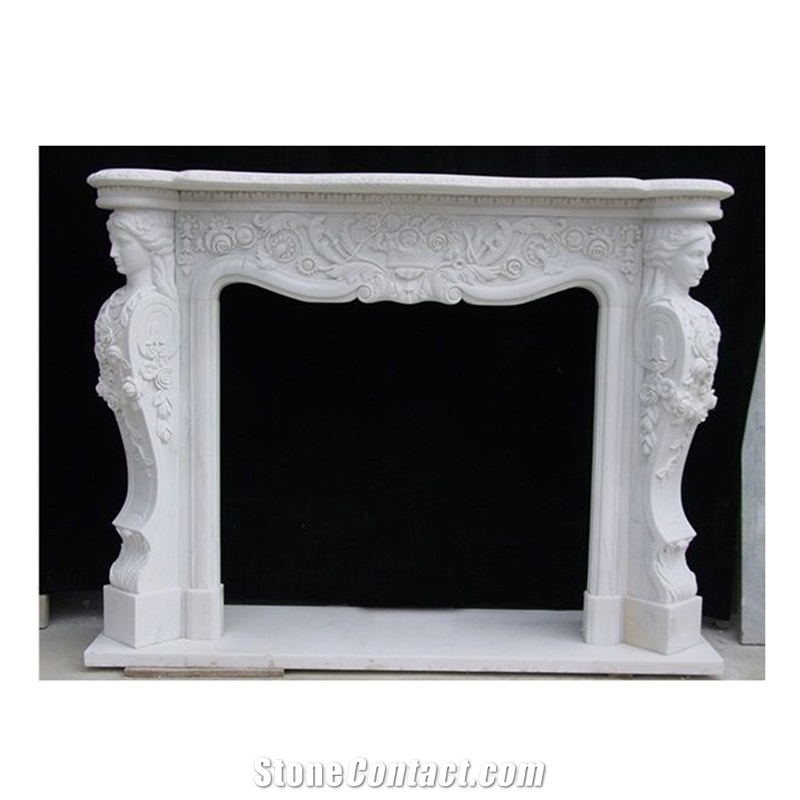 New Design Natural White Marble Lion Carved Fireplace
