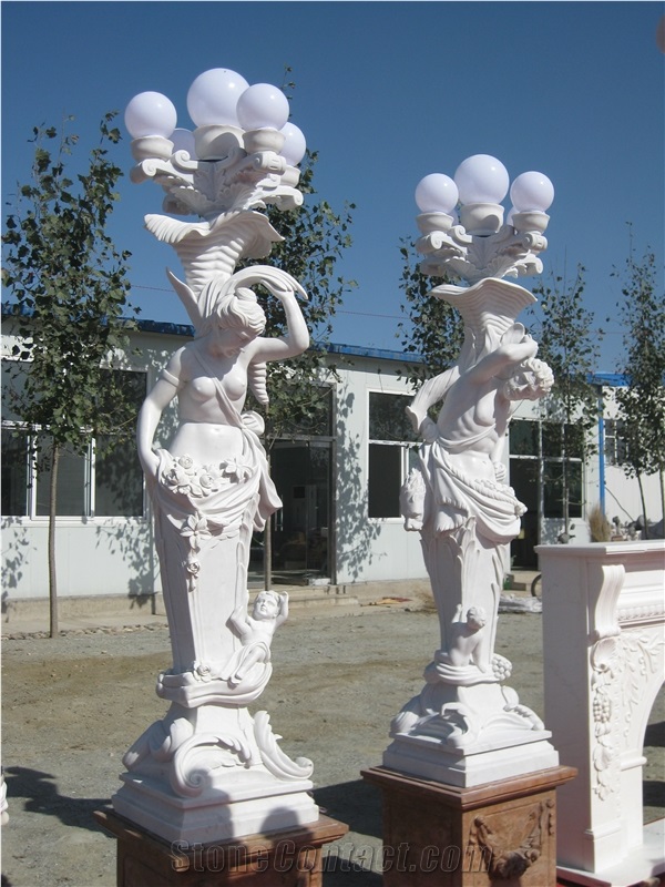 RF Outdoor White Marble Statue Of Four Seasons With Lamp