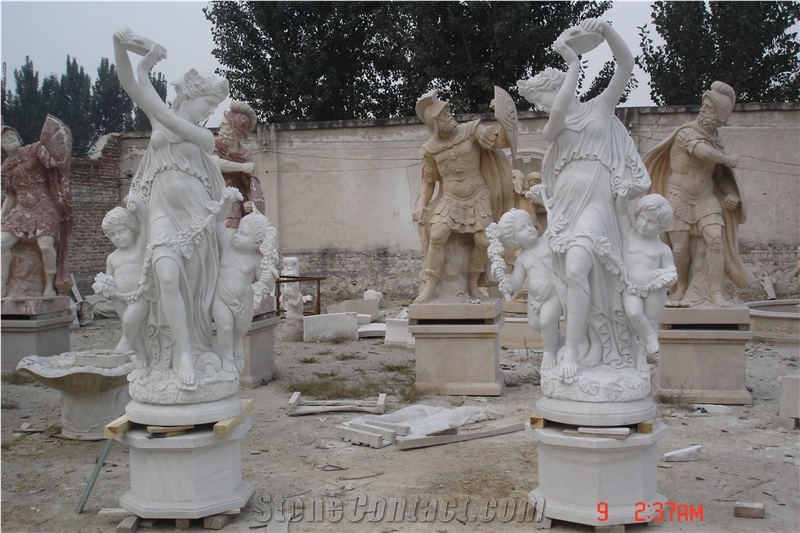 RF Outdoor White Marble Statue Of Four Seasons With Lamp
