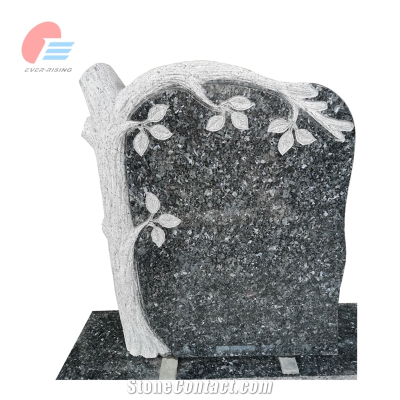 Blue Pearl Granite Engraved Tombstone With Tree Trunk