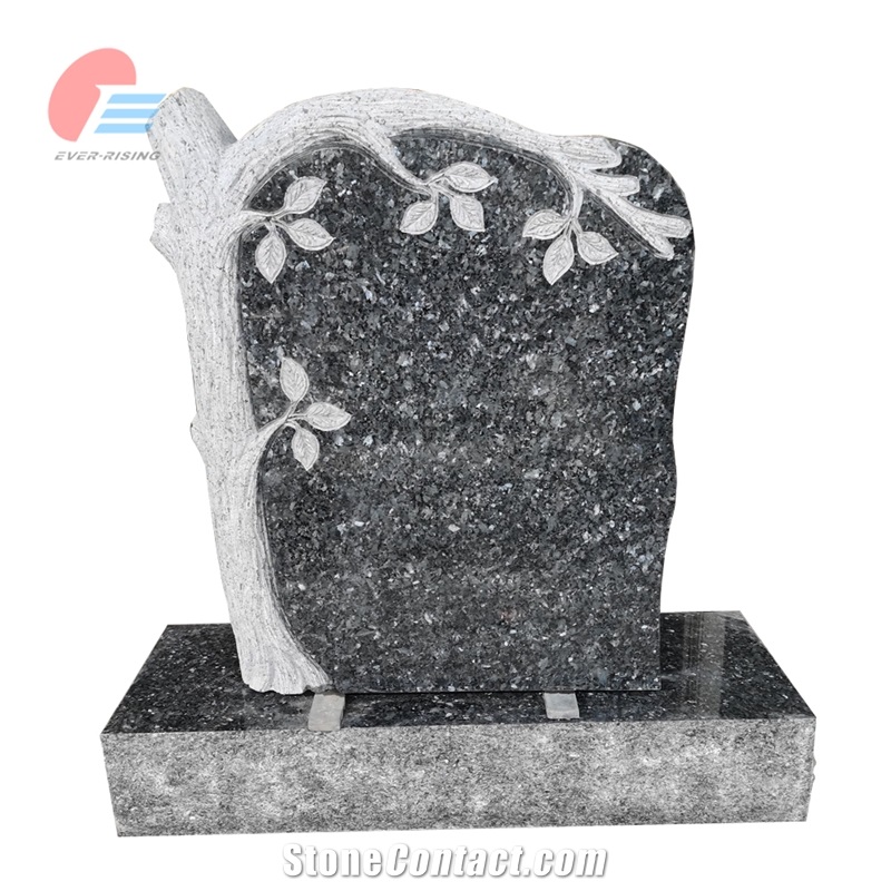Blue Pearl Granite Engraved Tombstone With Tree Trunk
