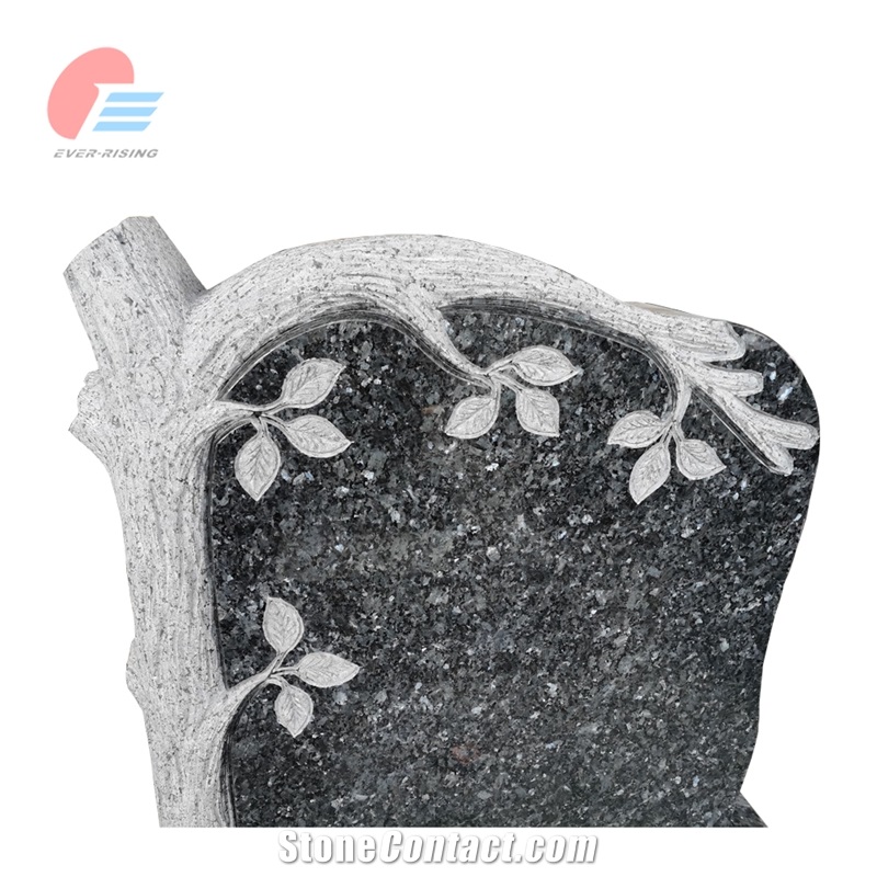 Blue Pearl Granite Engraved Tombstone With Tree Trunk