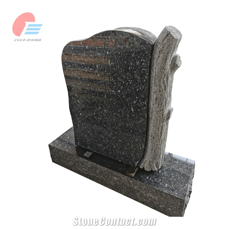 Blue Pearl Granite Engraved Tombstone With Tree Trunk