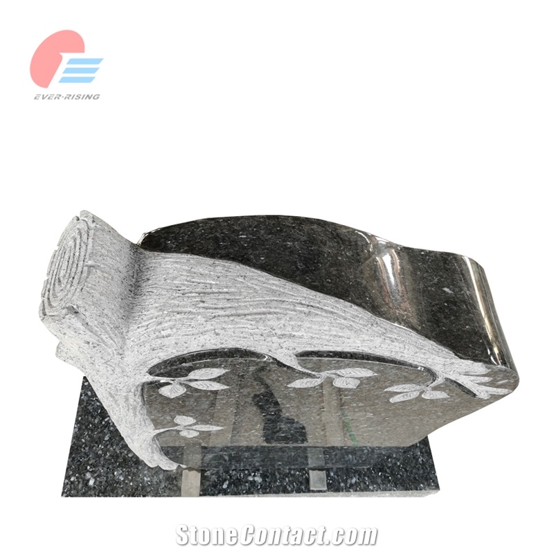 Blue Pearl Granite Engraved Tombstone With Tree Trunk