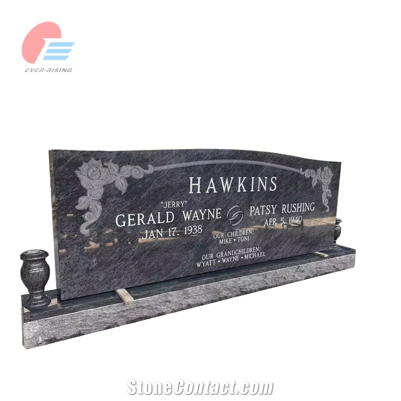 EMA- 001 Bahama Blue Granite Serp Top Carved Rose Tombstone