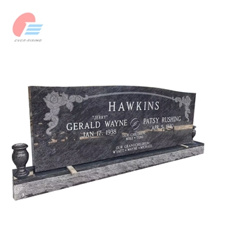 EMA- 001 Bahama Blue Granite Serp Top Carved Rose Tombstone