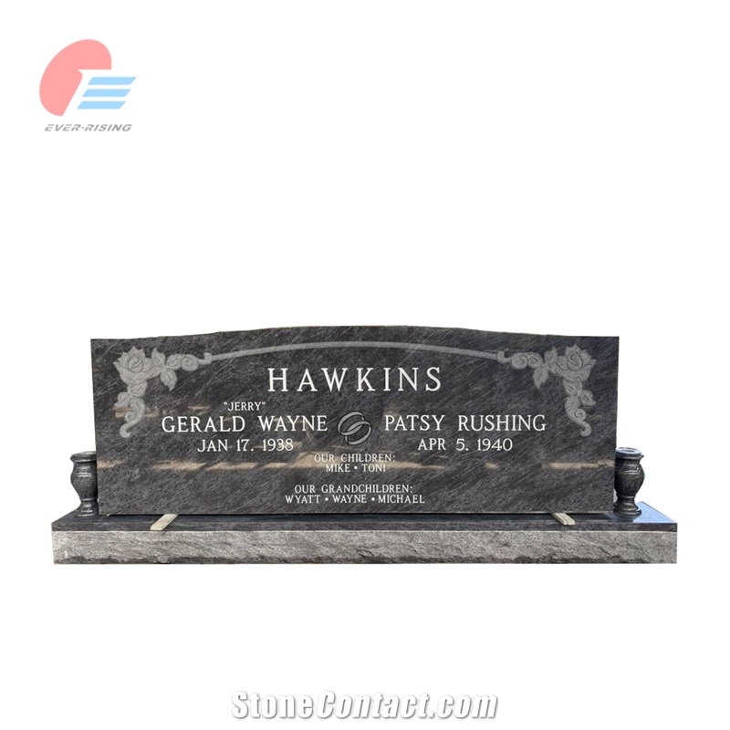 EMA- 001 Bahama Blue Granite Serp Top Carved Rose Tombstone