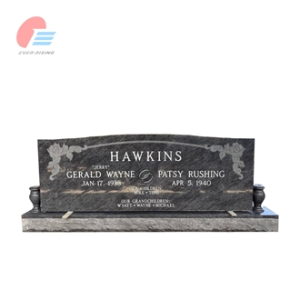 EMA- 001 Bahama Blue Granite Serp Top Carved Rose Tombstone