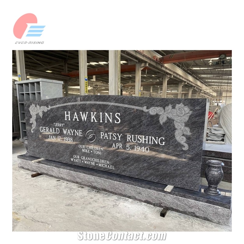 EMA- 001 Bahama Blue Granite Serp Top Carved Rose Tombstone
