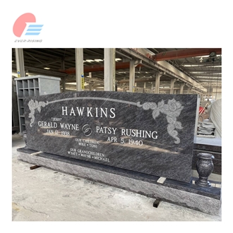 EMA- 001 Bahama Blue Granite Serp Top Carved Rose Tombstone