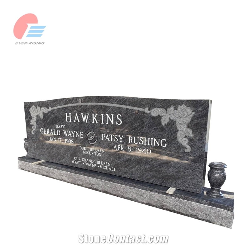 EMA- 001 Bahama Blue Granite Serp Top Carved Rose Tombstone