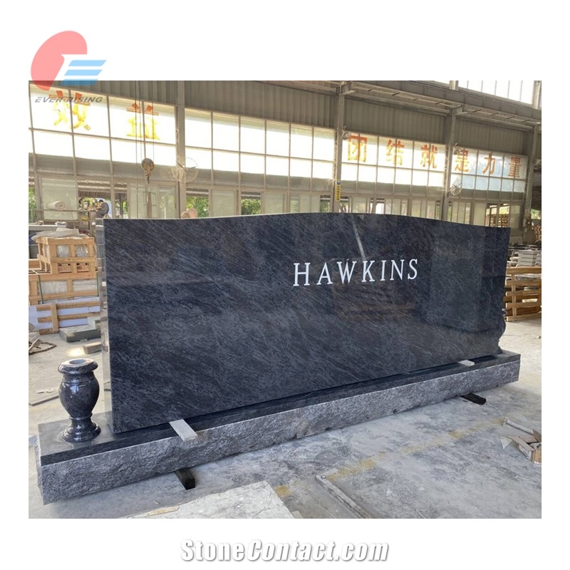 EMA- 001 Bahama Blue Granite Serp Top Carved Rose Tombstone