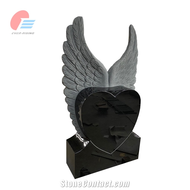 India Black Polished Heart Tombstone With Carved Angel Wings