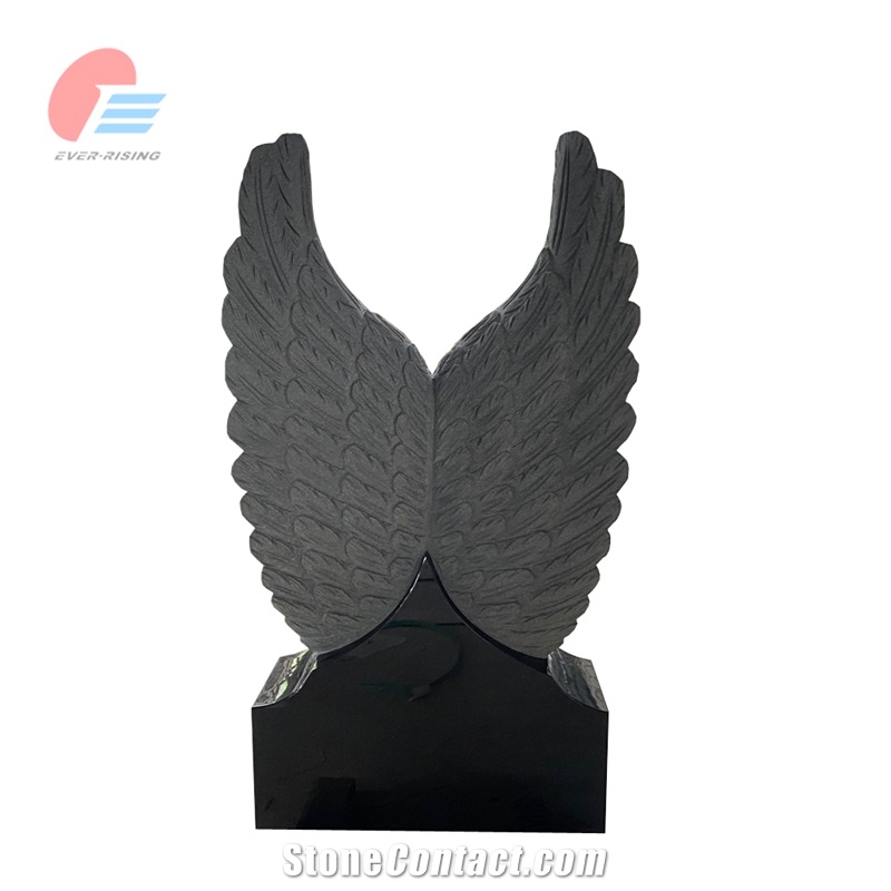 India Black Polished Heart Tombstone With Carved Angel Wings