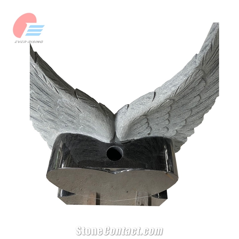 India Black Polished Heart Tombstone With Carved Angel Wings