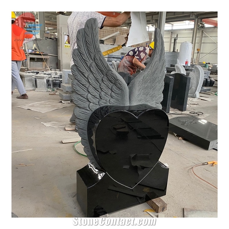 India Black Polished Heart Tombstone With Carved Angel Wings