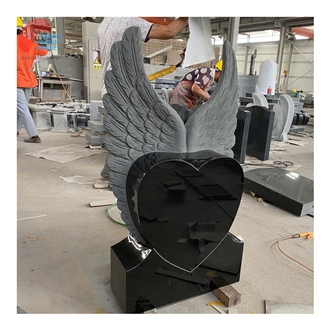 India Black Polished Heart Tombstone With Carved Angel Wings