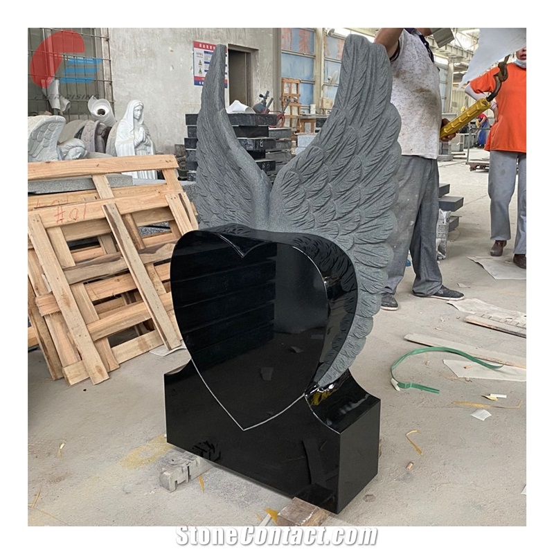 India Black Polished Heart Tombstone With Carved Angel Wings