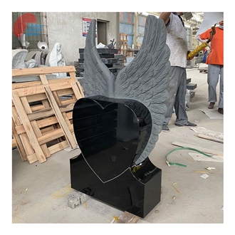 India Black Polished Heart Tombstone With Carved Angel Wings