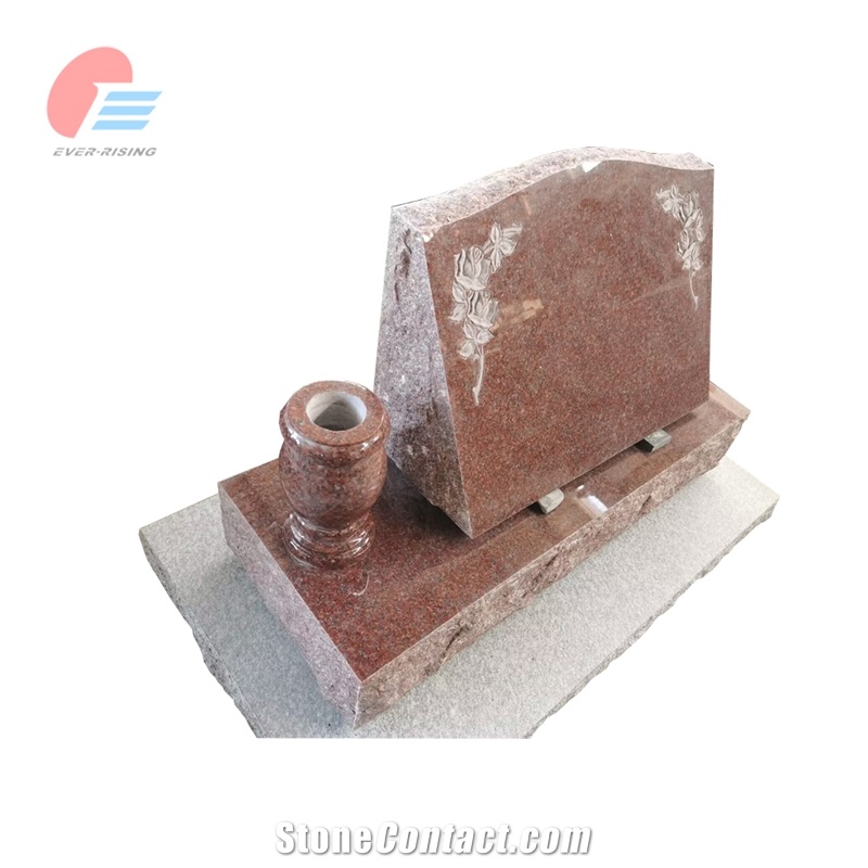 India Red Granite Polished Slant Monument With Rose Carving