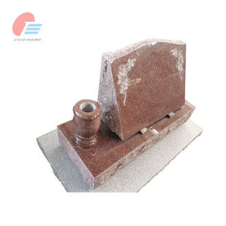 India Red Granite Polished Slant Monument With Rose Carving