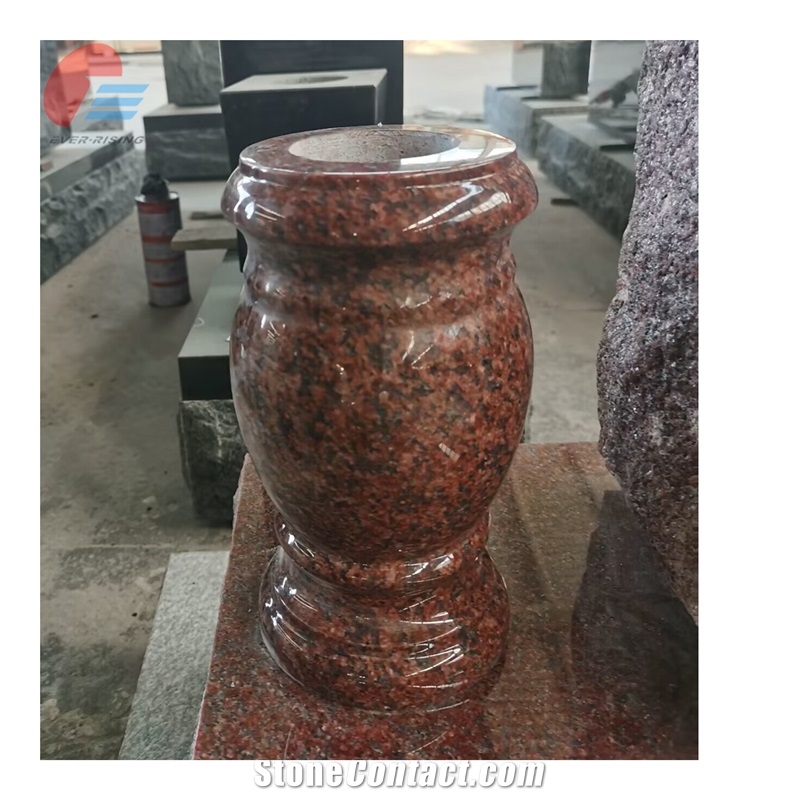 India Red Granite Polished Slant Monument With Rose Carving