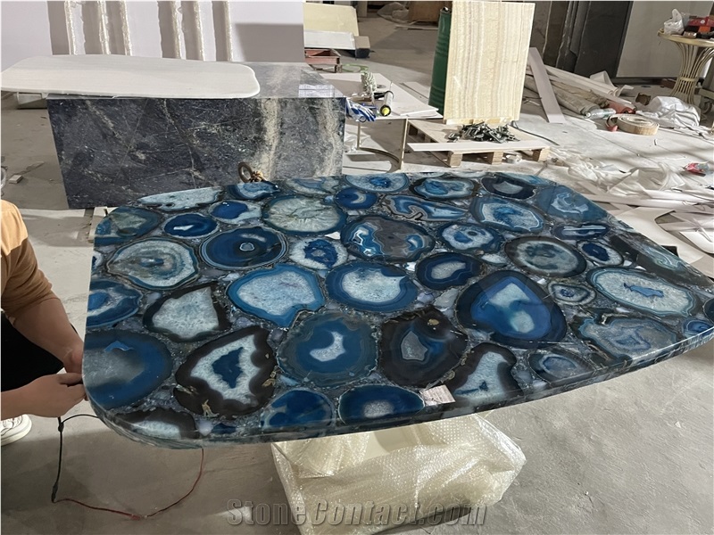 Blue Agate Semiprecious Stone Table Tops