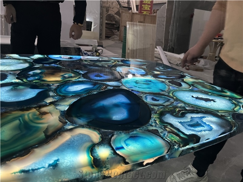 Blue Agate Semiprecious Stone Table Tops