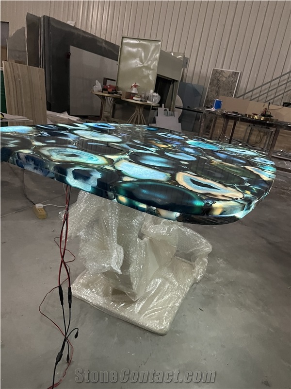Blue Agate Semiprecious Stone Table Tops