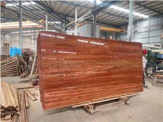 Red Travertine Slabs Polished And Filled For Interior Design