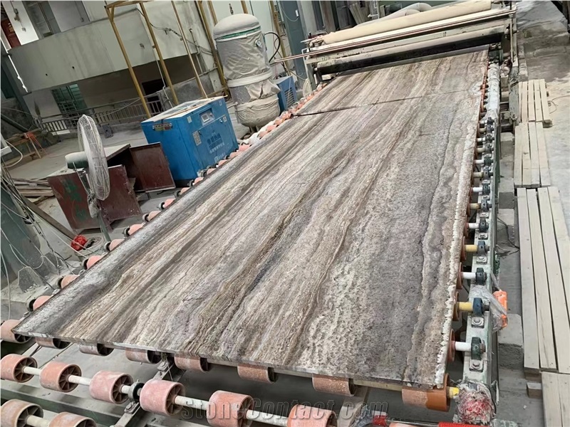 Silver Grey Trevertine Slabs Filled And Polished
