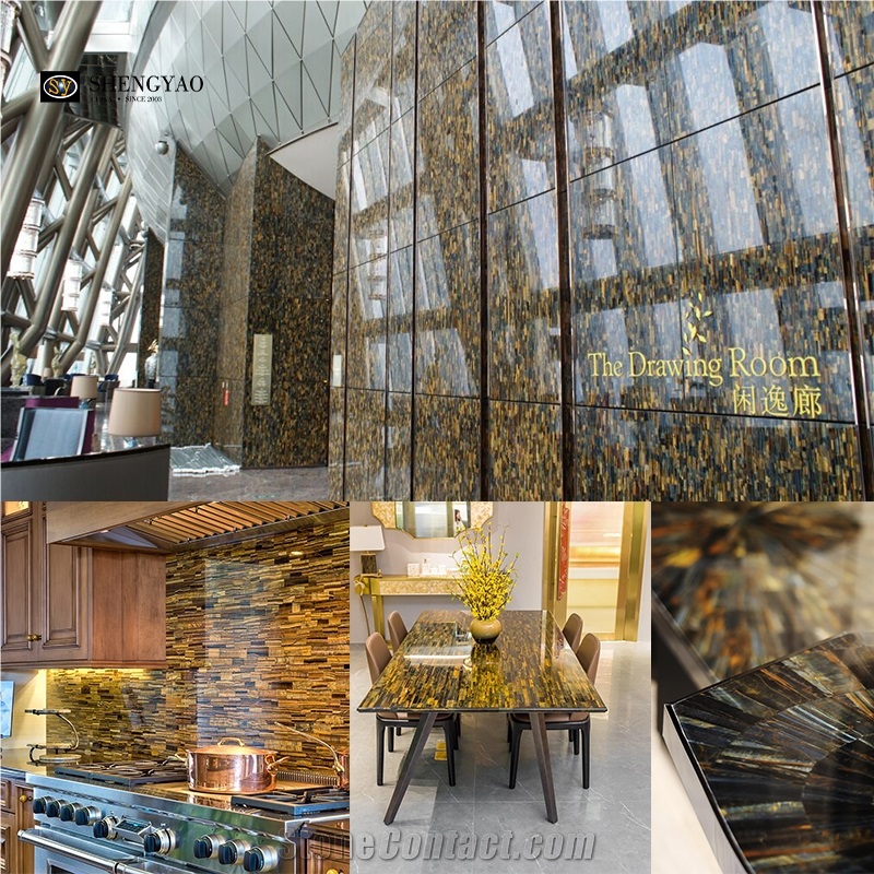 Luxury Wall Panels Yellow Tiger Eye Semiprecious Stone Slabs, Gemstone Slabs