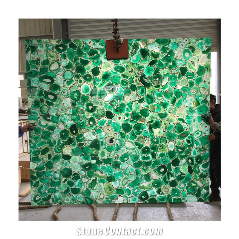 Natural Backlit Green Agate Flooring Gemstone Tiles
