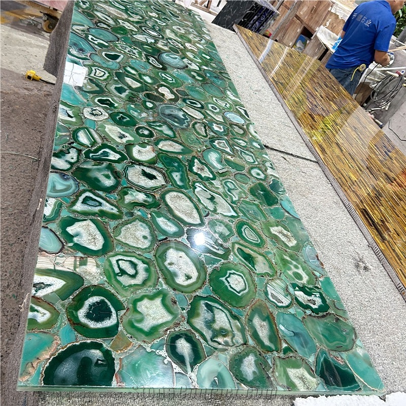 Natural Backlit Green Agate Flooring Gemstone Tiles