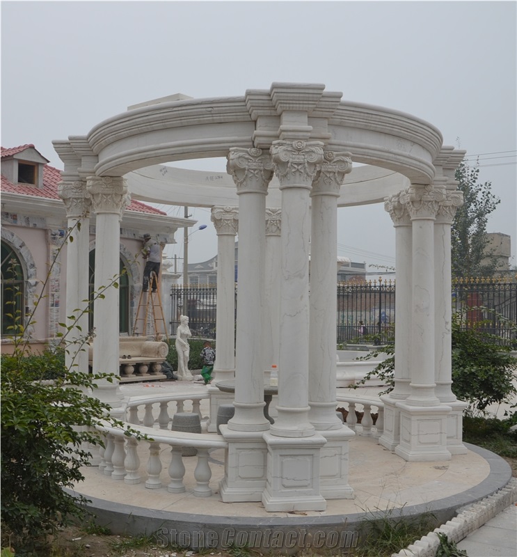 Customized Garden Gazebo Hand Carved White Marble Decor